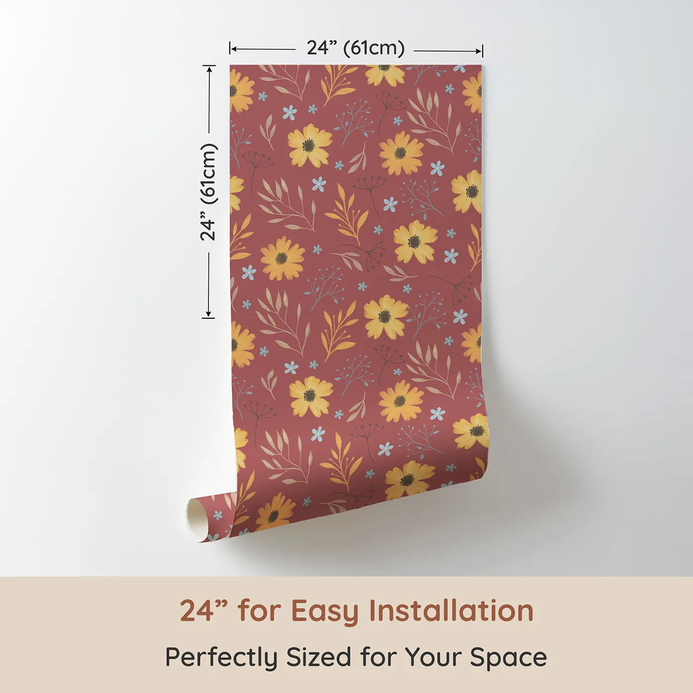 Dimension view of Whimsy Tots Twilight Daisy Meadow Wallpaper (W3206). Printed in 24-inch-wide panel for easy installation. Golden daisies glow against a dusky mauve sky.