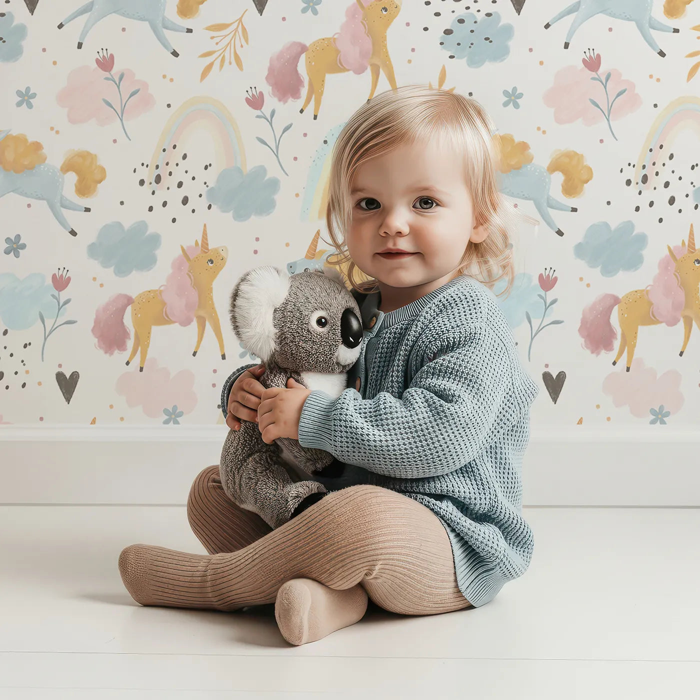 Lovely child standing in front of Whimsy Tots Rainbow Unicorn Meadow Wallpaper in White with unicorn, rainbow, cloud, flower, heart in design.