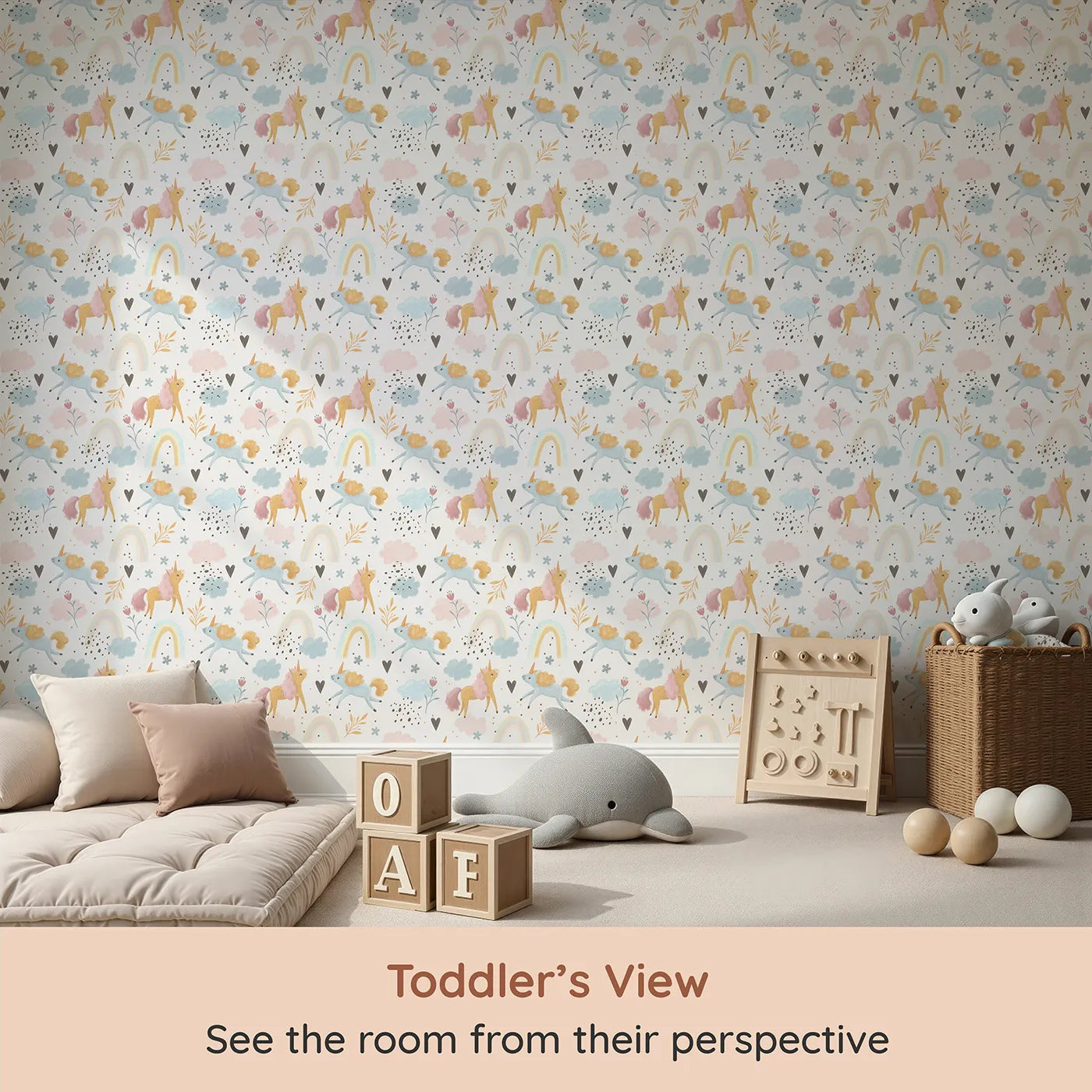 Whimsy Tots Rainbow Unicorn Meadow Wallpaper in White (W3207) from your child's view.Bouncing unicorns and soft clouds drift across pastel skies.