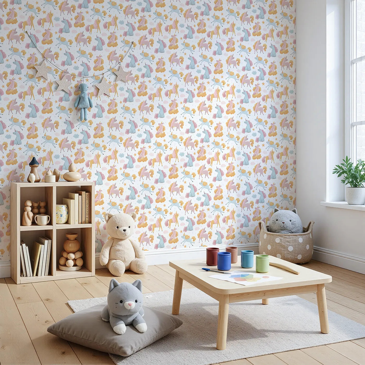 Angled view of Whimsy Tots' Starlight Unicorn Whispers Wallpaper in White (W3208).Gentle unicorns sit, stretch, and shine across a cloudy dreamscape.