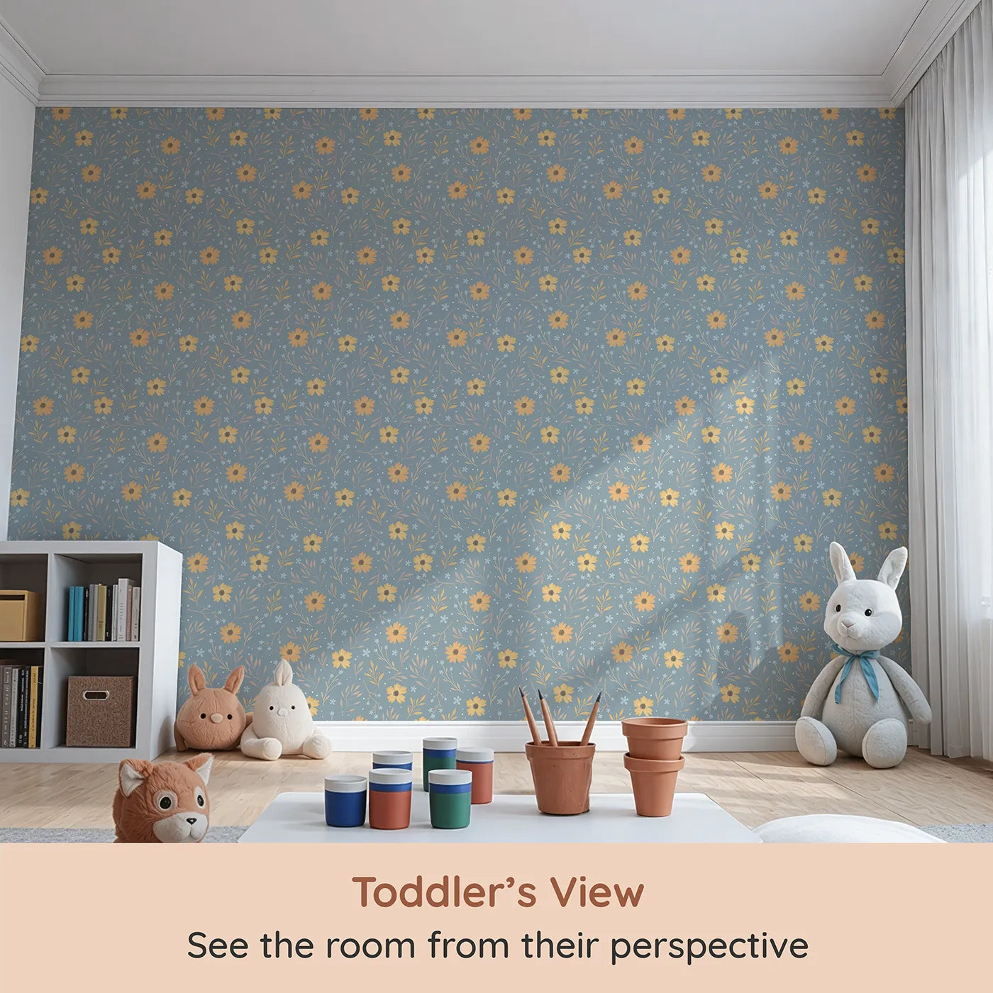 Whimsy Tots Morning Mist Daisy Meadow Wallpaper (W3209) from your child's view.Sunlit daisies dance over cool misty blue.