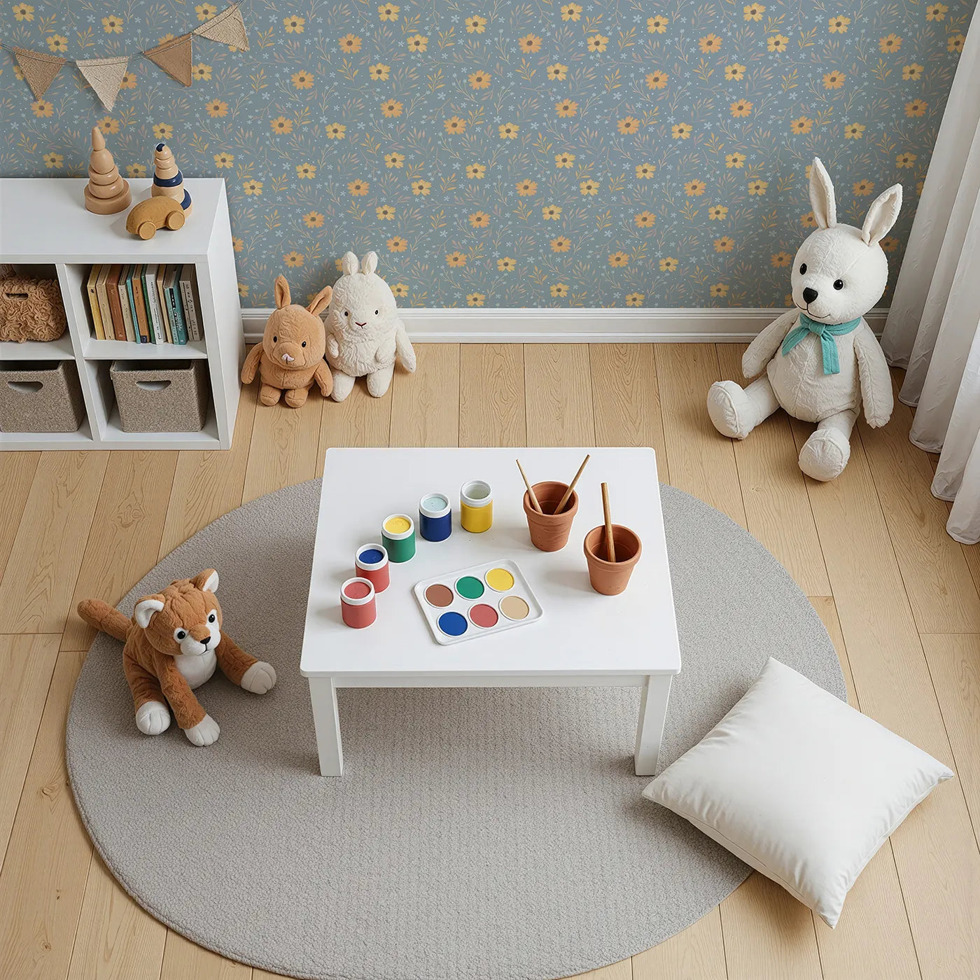 Top-Down view of Whimsy Tots' Morning Mist Daisy Meadow Wallpaper (W3209).Sunlit daisies dance over cool misty blue.
