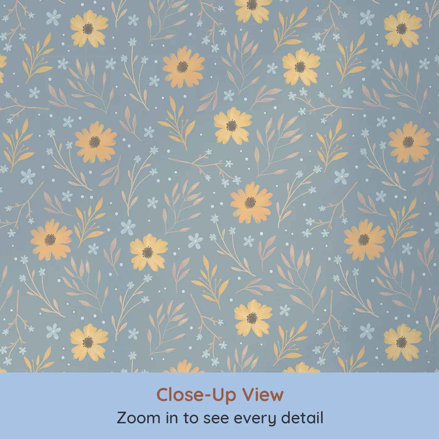 Close-up view of Whimsy Tots' Morning Mist Daisy Meadow Wallpaper (W3209).Sunlit daisies dance over cool misty blue.