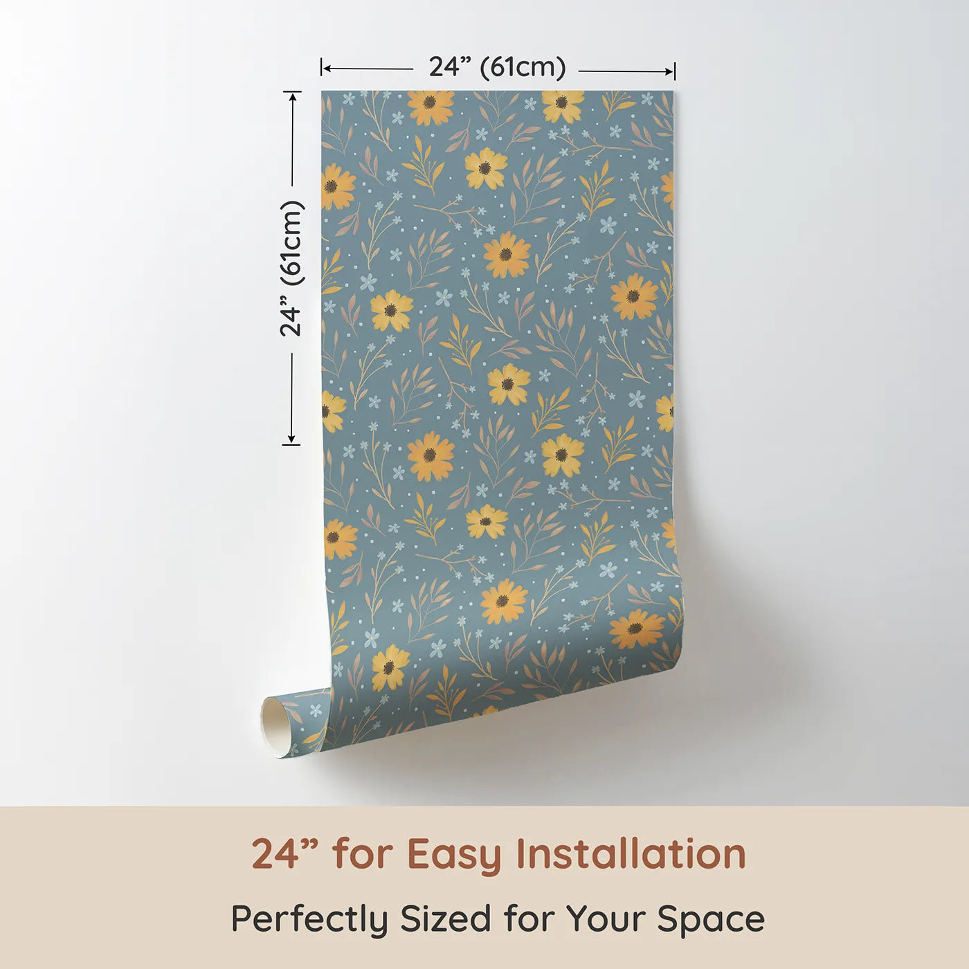 Dimension view of Whimsy Tots Morning Mist Daisy Meadow Wallpaper (W3209). Printed in 24-inch-wide panel for easy installation. Sunlit daisies dance over cool misty blue.