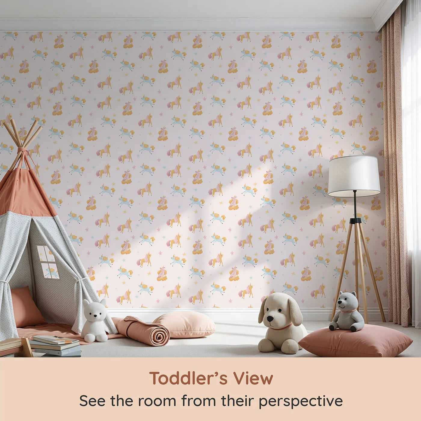 Whimsy Tots Magical Mane Friends Wallpaper (W3211) from your child's view.Pastel unicorns bring gentle joy to every inch of the room.