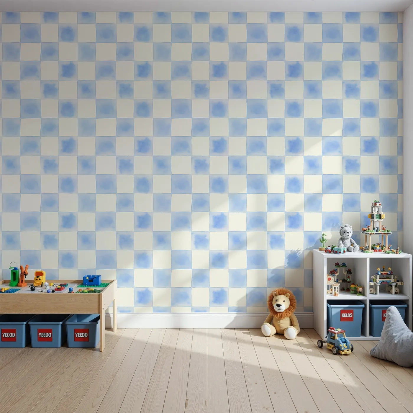 Front view of Whimsy Tots' Gingham Watercolor Grid Wallpaper in Blueberry