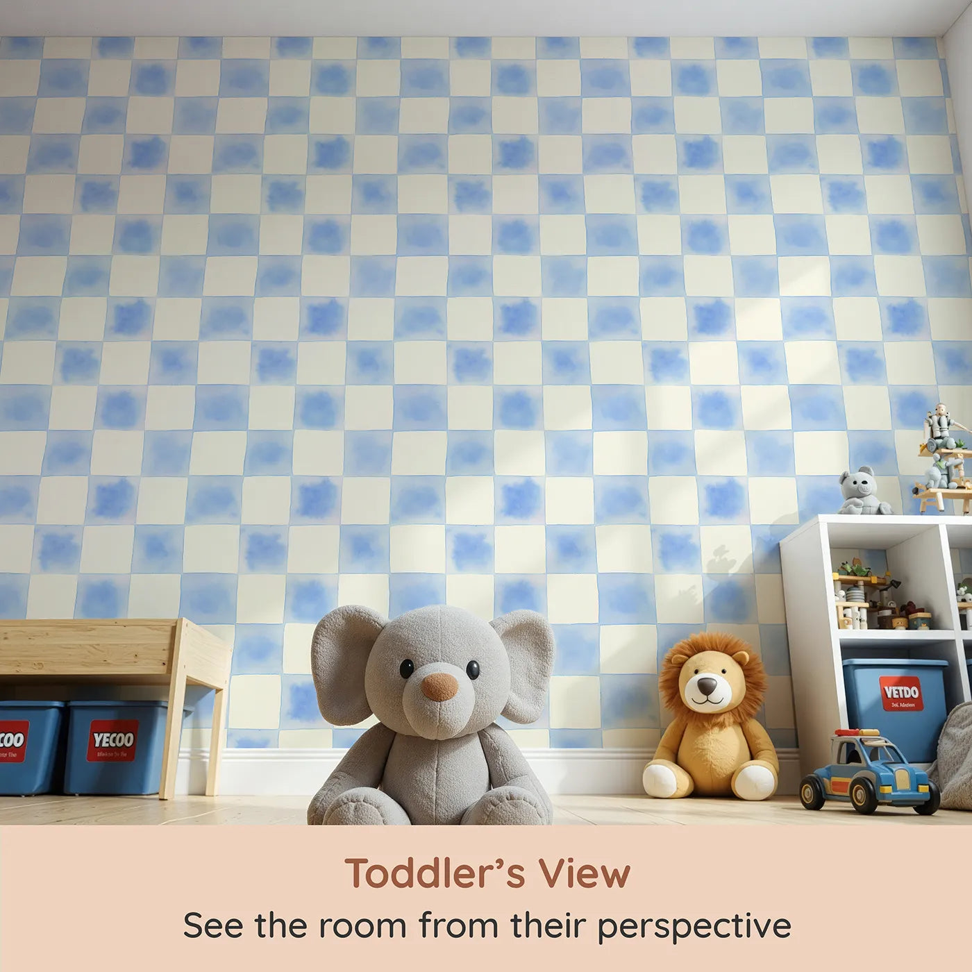 Whimsy Tots Gingham Watercolor Grid Wallpaper in Blueberry (W3213A) from your child's view.A calming watercolor checkerboard that brings charm and structure to any space.