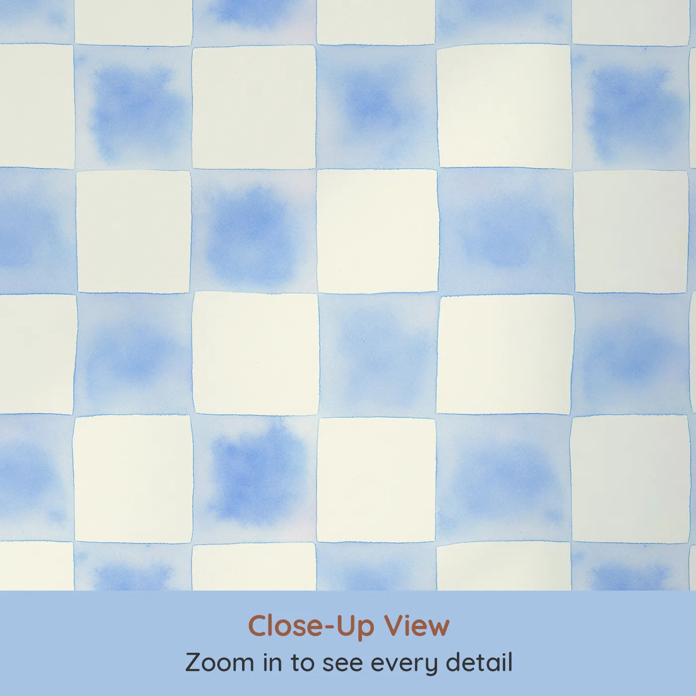 Close-up view of Whimsy Tots' Gingham Watercolor Grid Wallpaper in Blueberry (W3213A).A calming watercolor checkerboard that brings charm and structure to any space.