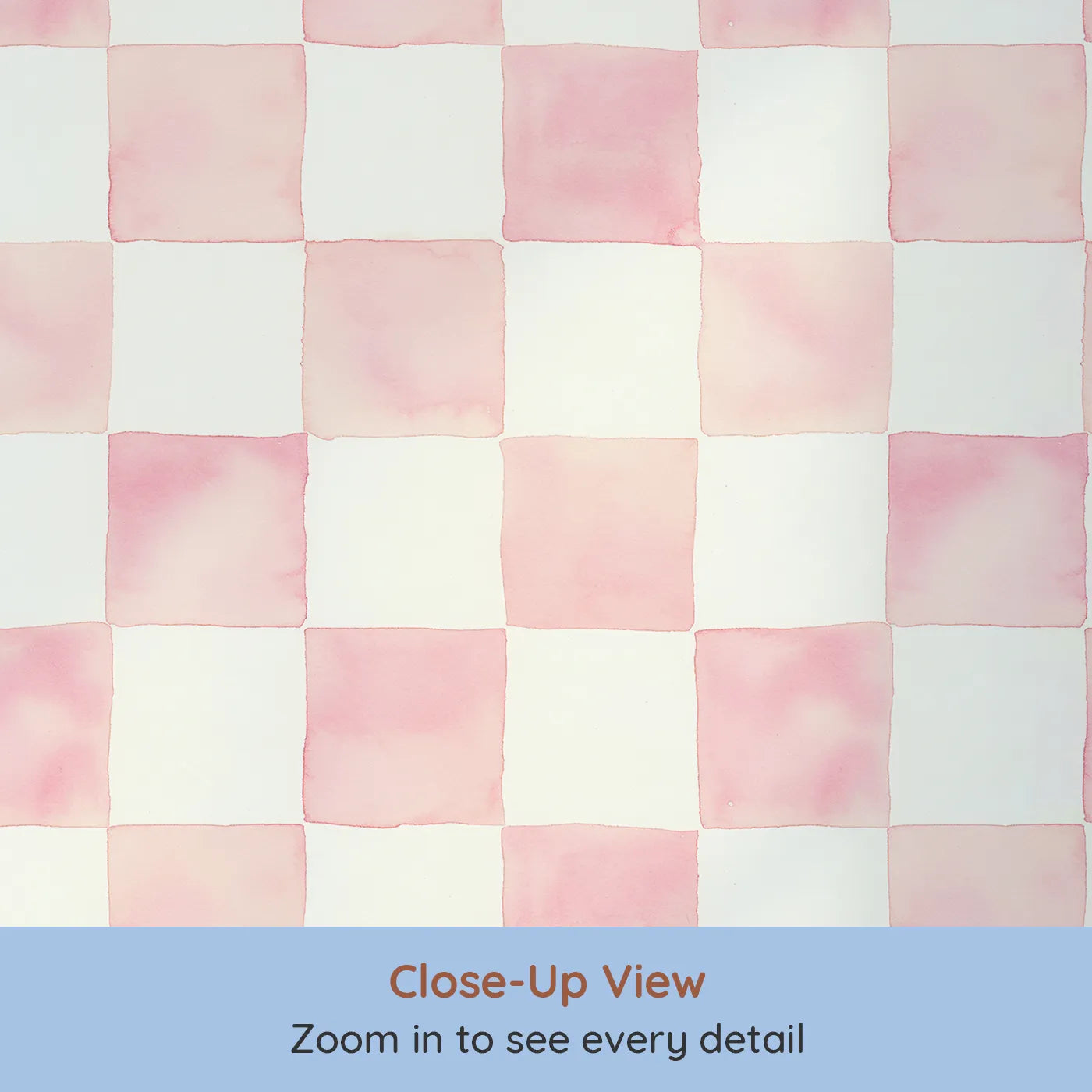 Close-up view of Whimsy Tots' Gingham Watercolor Grid Wallpaper in Strawberry (W3213B).A soft pink watercolor checkerboard that soothes and brightens their day.