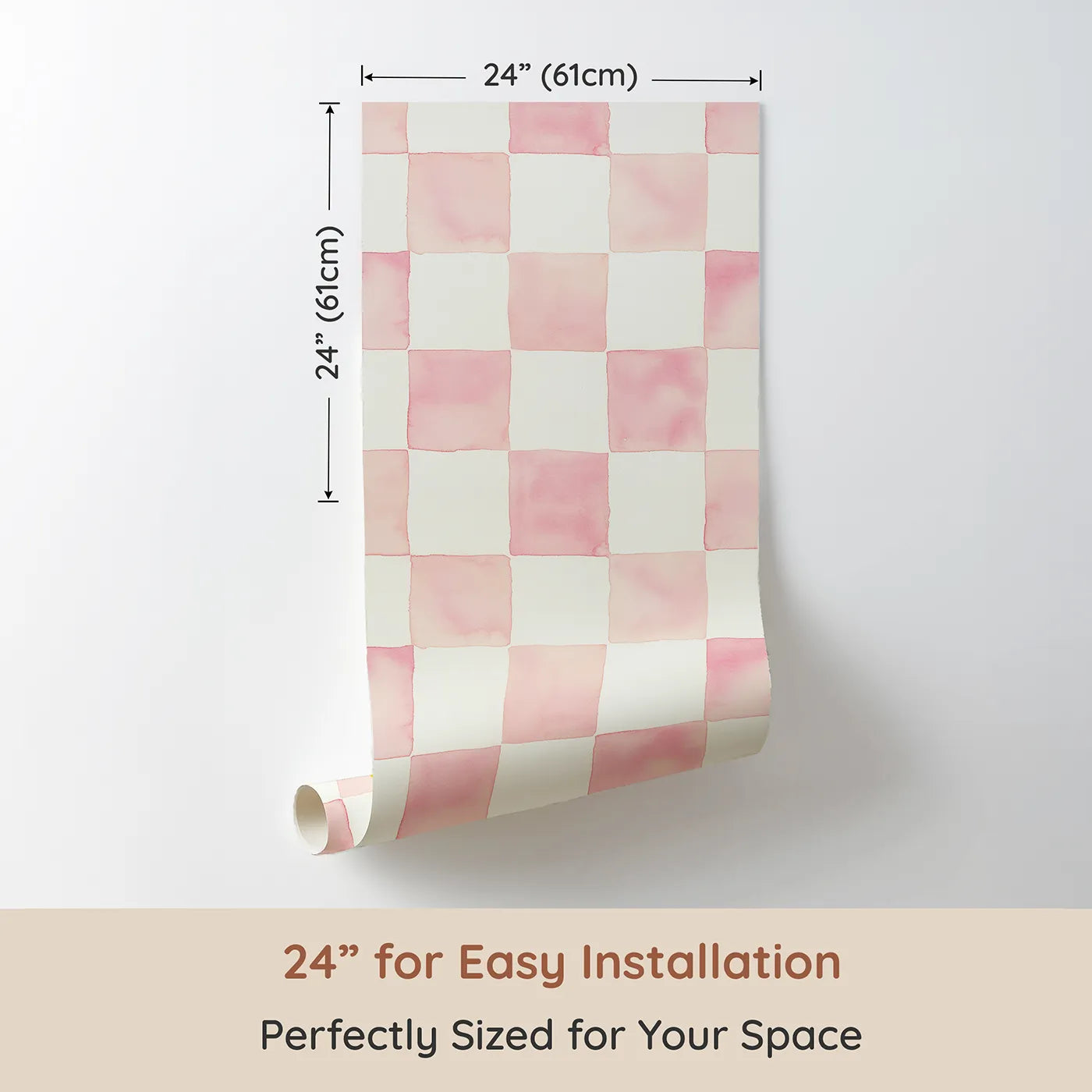 Dimension view of Whimsy Tots Gingham Watercolor Grid Wallpaper in Strawberry (W3213B). Printed in 24-inch-wide panel for easy installation. A soft pink watercolor checkerboard that soothes and brightens their day.