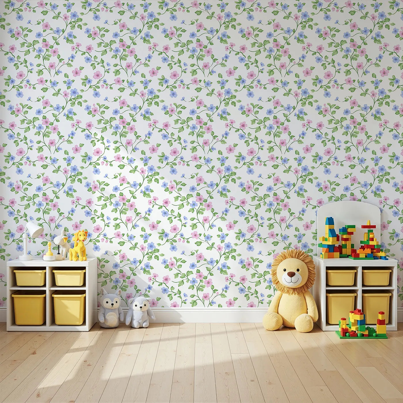 Angled view of Whimsy Tots' Dancing Meadow Blooms Wallpaper (W3214).Pink and blue florals twirl across the wall like a springtime waltz.
