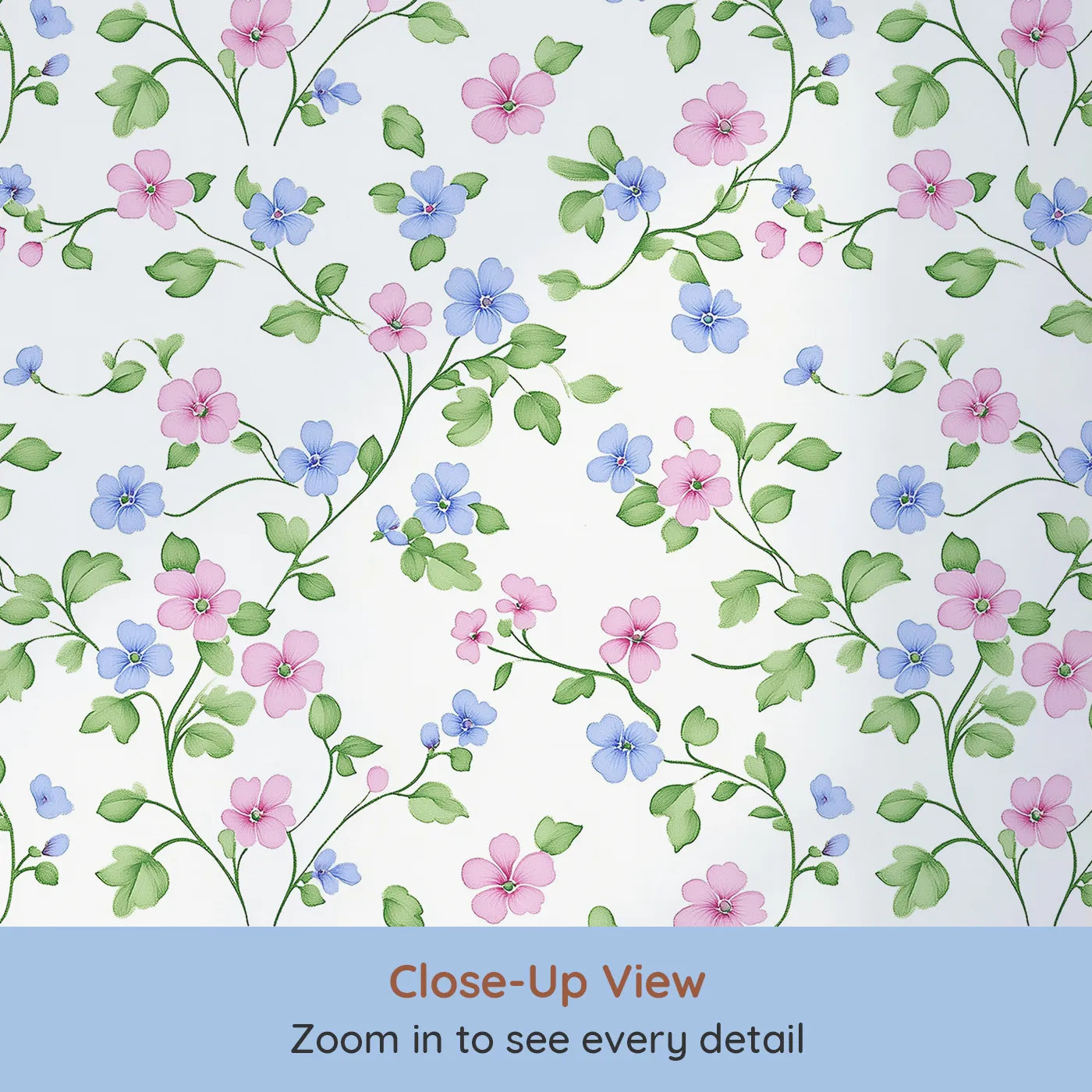 Close-up view of Whimsy Tots' Dancing Meadow Blooms Wallpaper (W3214).Pink and blue florals twirl across the wall like a springtime waltz.