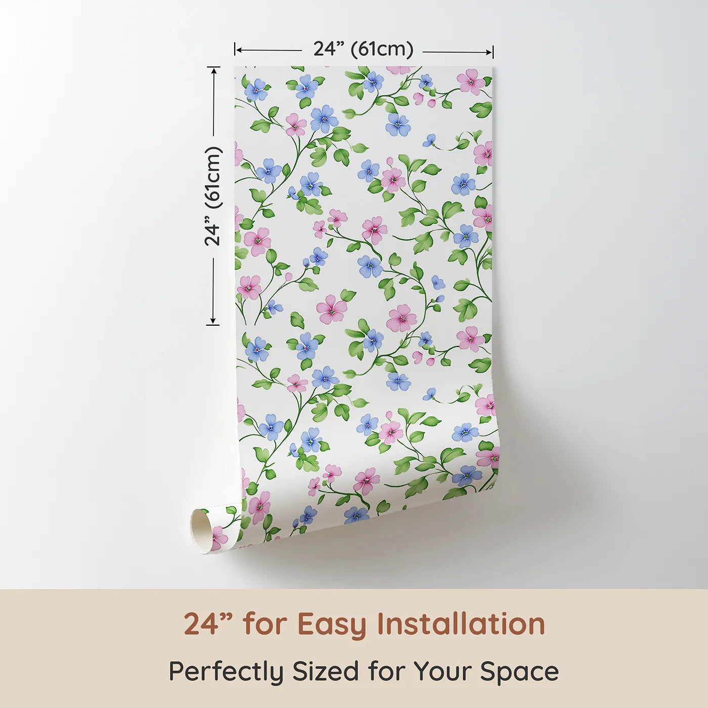 Dimension view of Whimsy Tots Dancing Meadow Blooms Wallpaper (W3214). Printed in 24-inch-wide panel for easy installation. Pink and blue florals twirl across the wall like a springtime waltz.