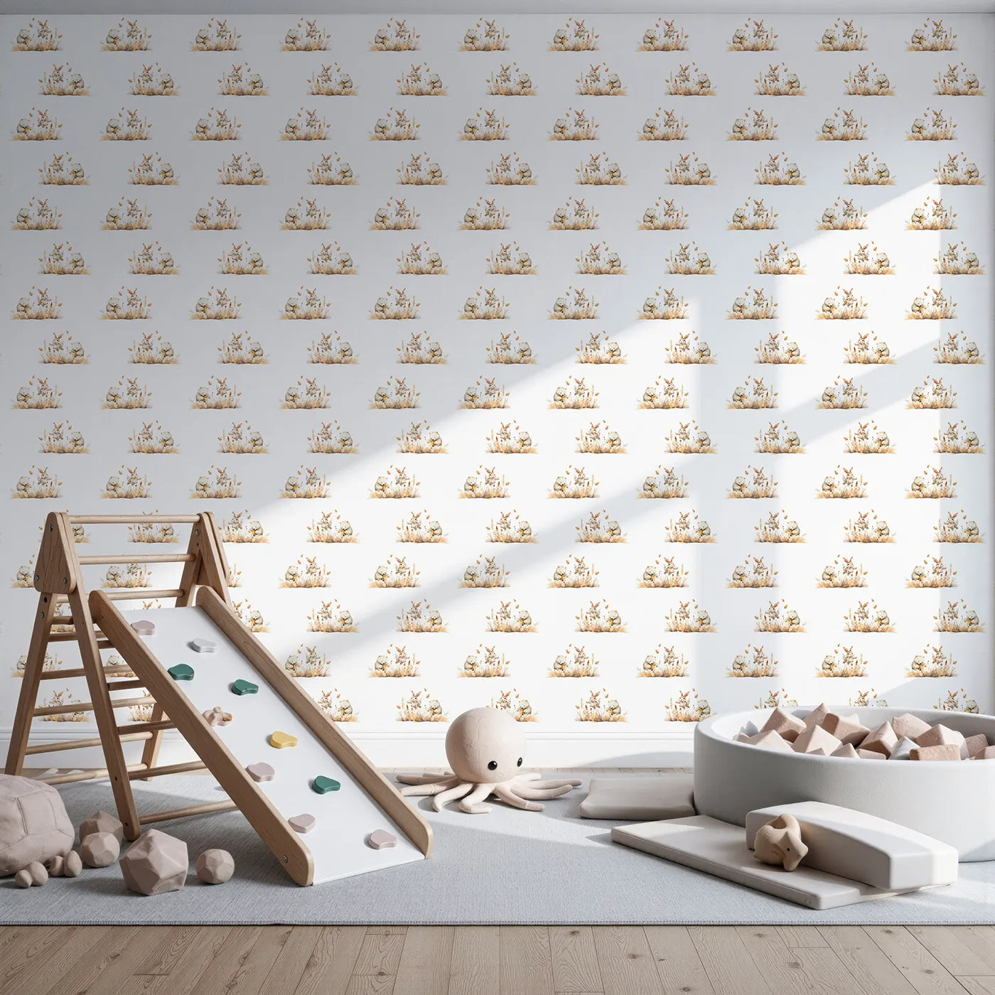 Front view of Whimsy Tots' Wheatfield Snuggle Friends Wallpaper