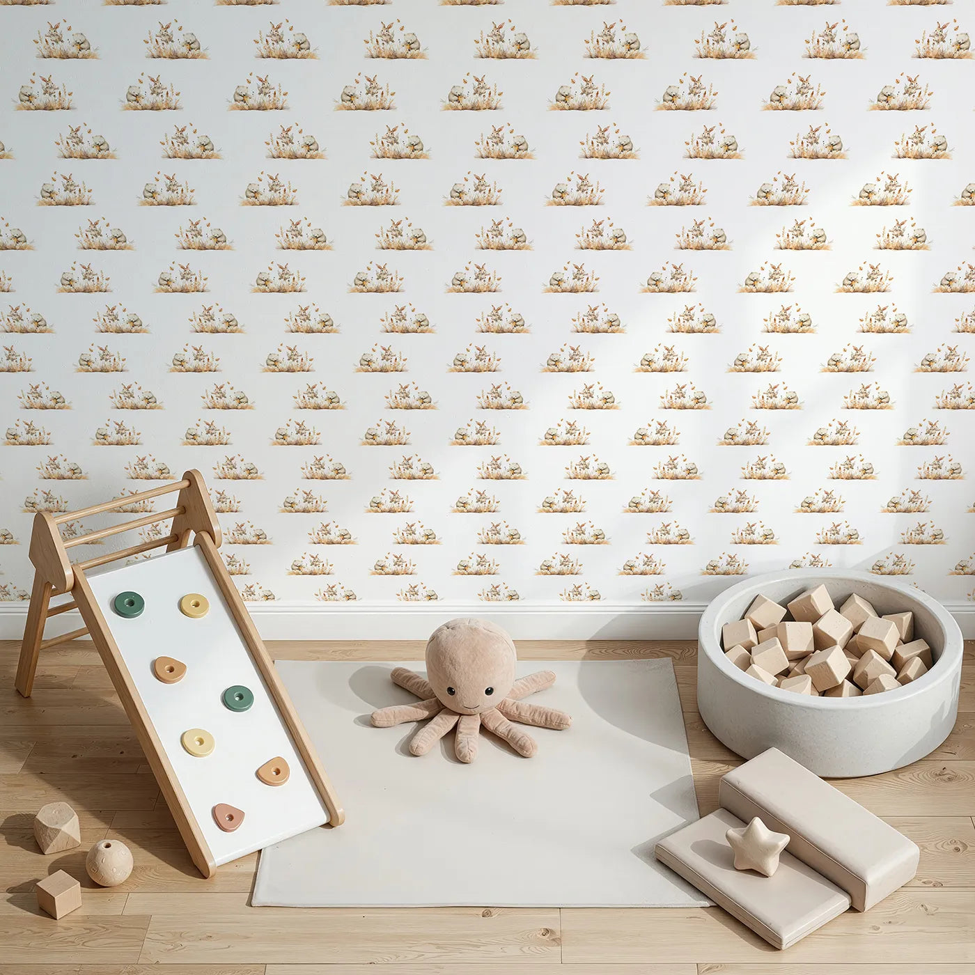 Top-Down view of Whimsy Tots' Wheatfield Snuggle Friends Wallpaper (W3215).A gentle bear and bunny share a moment in a golden autumn field.