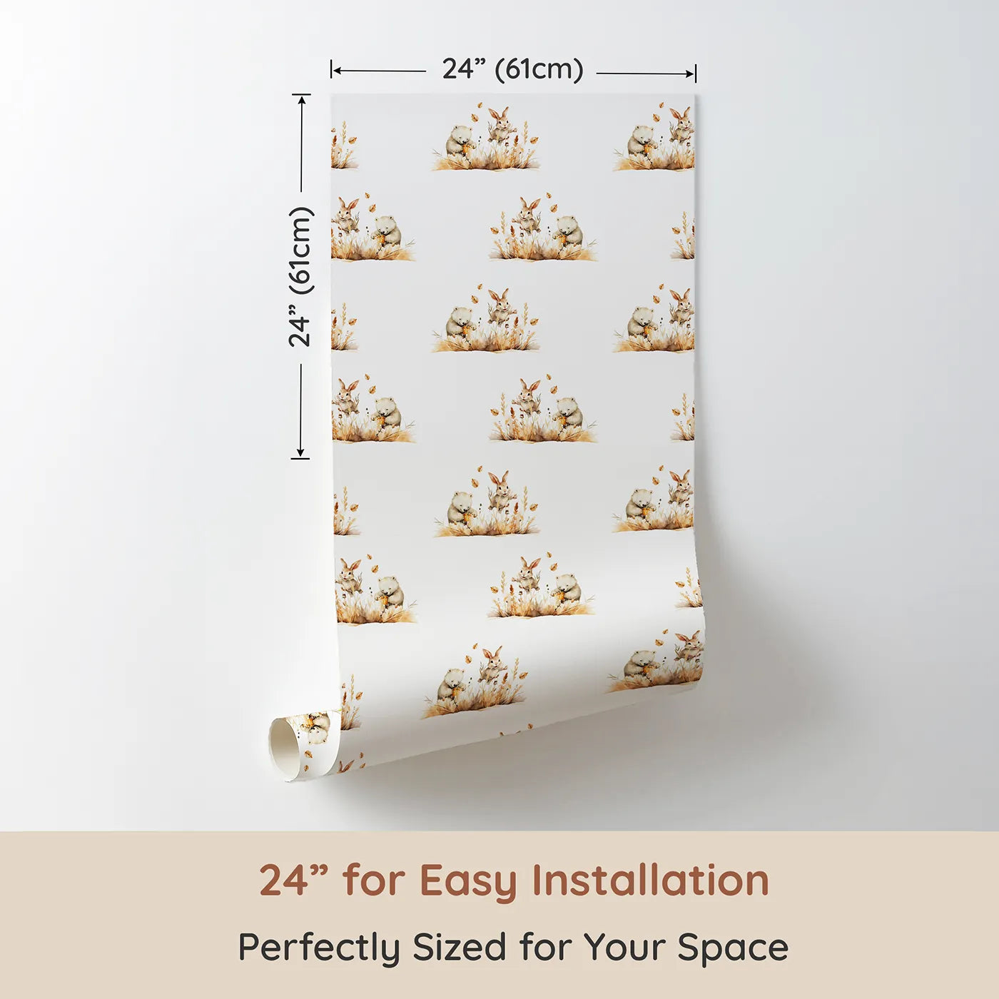 Dimension view of Whimsy Tots Wheatfield Snuggle Friends Wallpaper (W3215). Printed in 24-inch-wide panel for easy installation. A gentle bear and bunny share a moment in a golden autumn field.