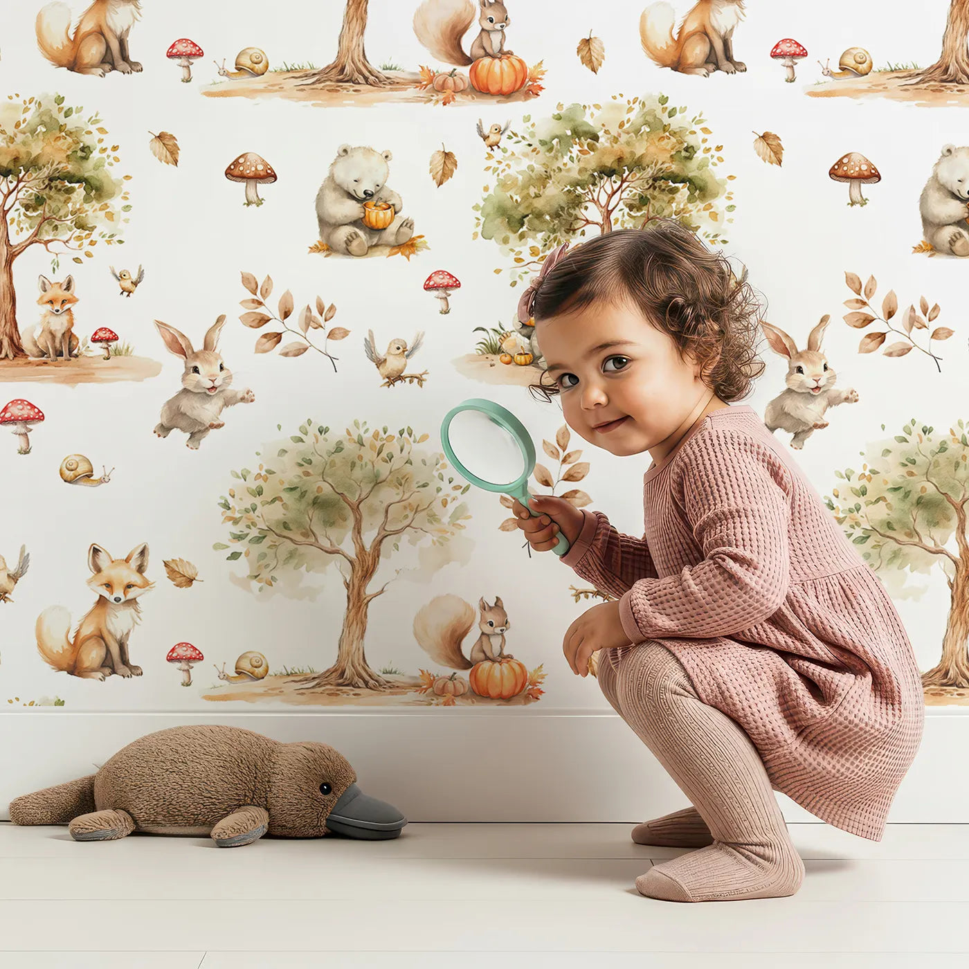 Lovely child standing in front of Whimsy Tots Autumn Forest Friends Wallpaper with bear, fox, rabbit, tree, mushroom, bird, snail, squirrel, pumpkin, leaf in design.