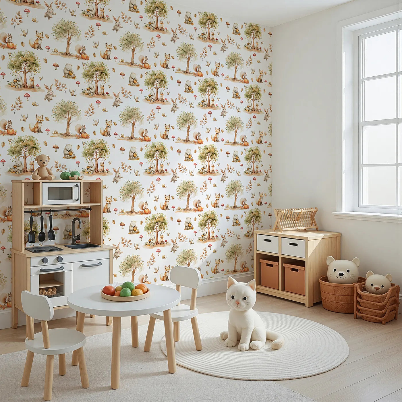 Angled view of Whimsy Tots' Autumn Forest Friends Wallpaper (W3216).Foxes, bears, and bunnies gather for gentle play beneath the trees.