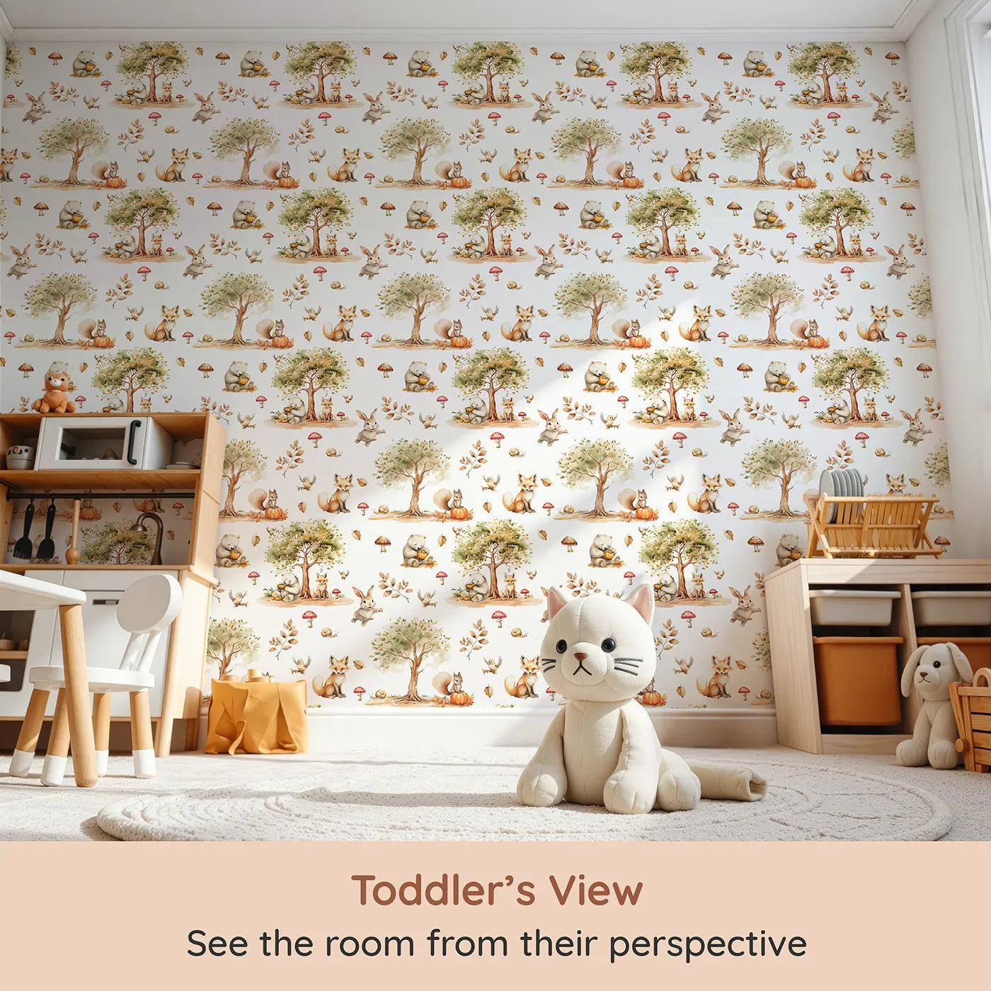 Whimsy Tots Autumn Forest Friends Wallpaper (W3216) from your child's view.Foxes, bears, and bunnies gather for gentle play beneath the trees.