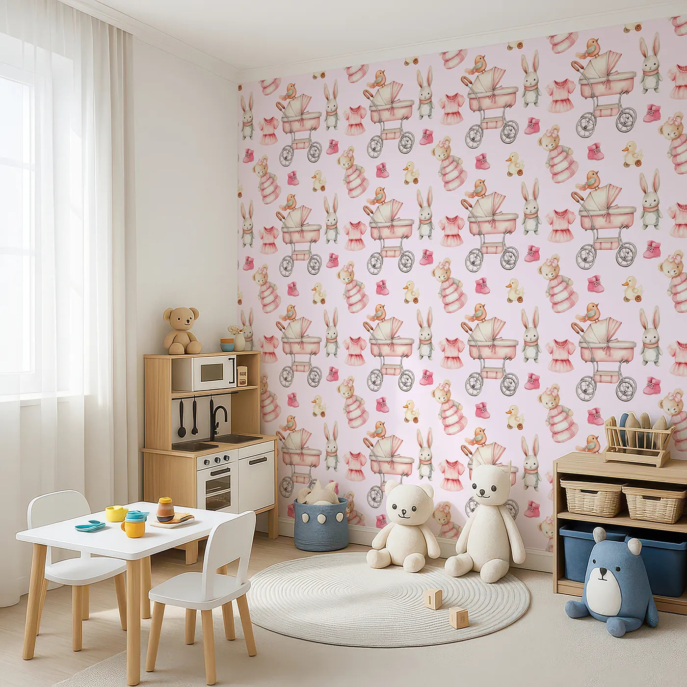 Angled view of Whimsy Tots' Tiny Tots Toy Parade Wallpaper in Blush Pink (W3217A).Strollers, duckies, and teddy bears fill the walls with vintage toy joy.