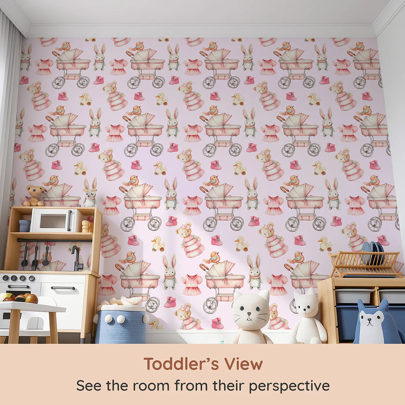 Whimsy Tots Tiny Tots Toy Parade Wallpaper in Blush Pink (W3217A) from your child's view.Strollers, duckies, and teddy bears fill the walls with vintage toy joy.