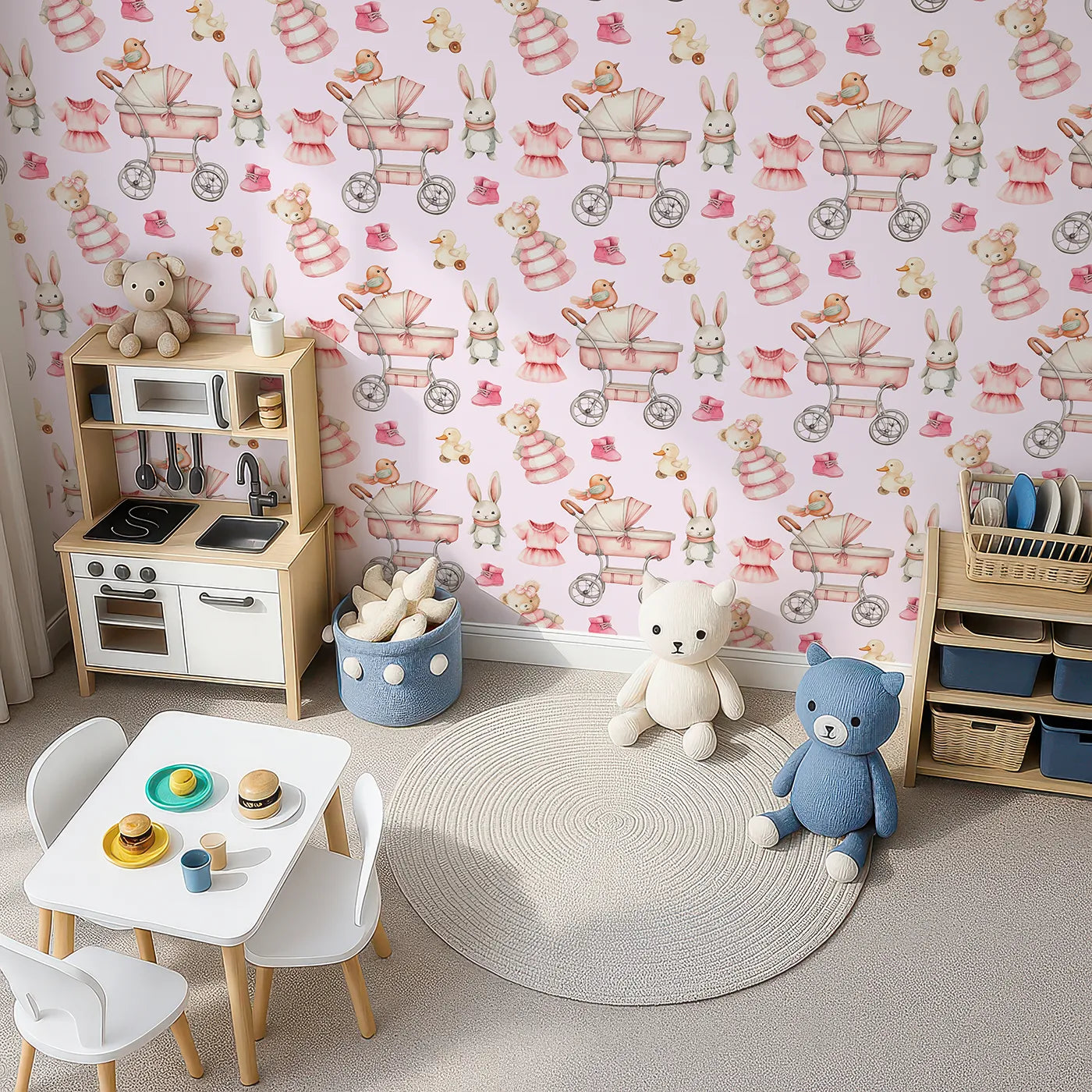 Top-Down view of Whimsy Tots' Tiny Tots Toy Parade Wallpaper in Blush Pink (W3217A).Strollers, duckies, and teddy bears fill the walls with vintage toy joy.