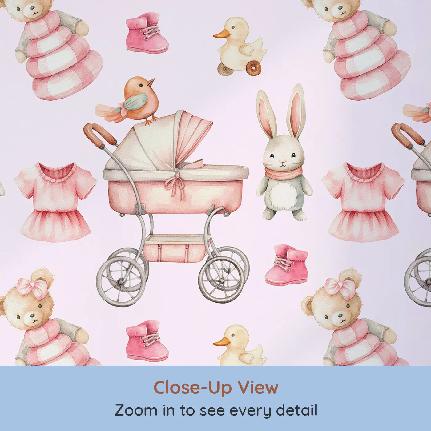 Close-up view of Whimsy Tots' Tiny Tots Toy Parade Wallpaper in Blush Pink (W3217A).Strollers, duckies, and teddy bears fill the walls with vintage toy joy.