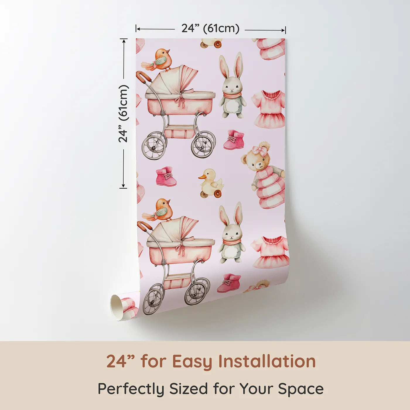 Dimension view of Whimsy Tots Tiny Tots Toy Parade Wallpaper in Blush Pink (W3217A). Printed in 24-inch-wide panel for easy installation. Strollers, duckies, and teddy bears fill the walls with vintage toy joy.