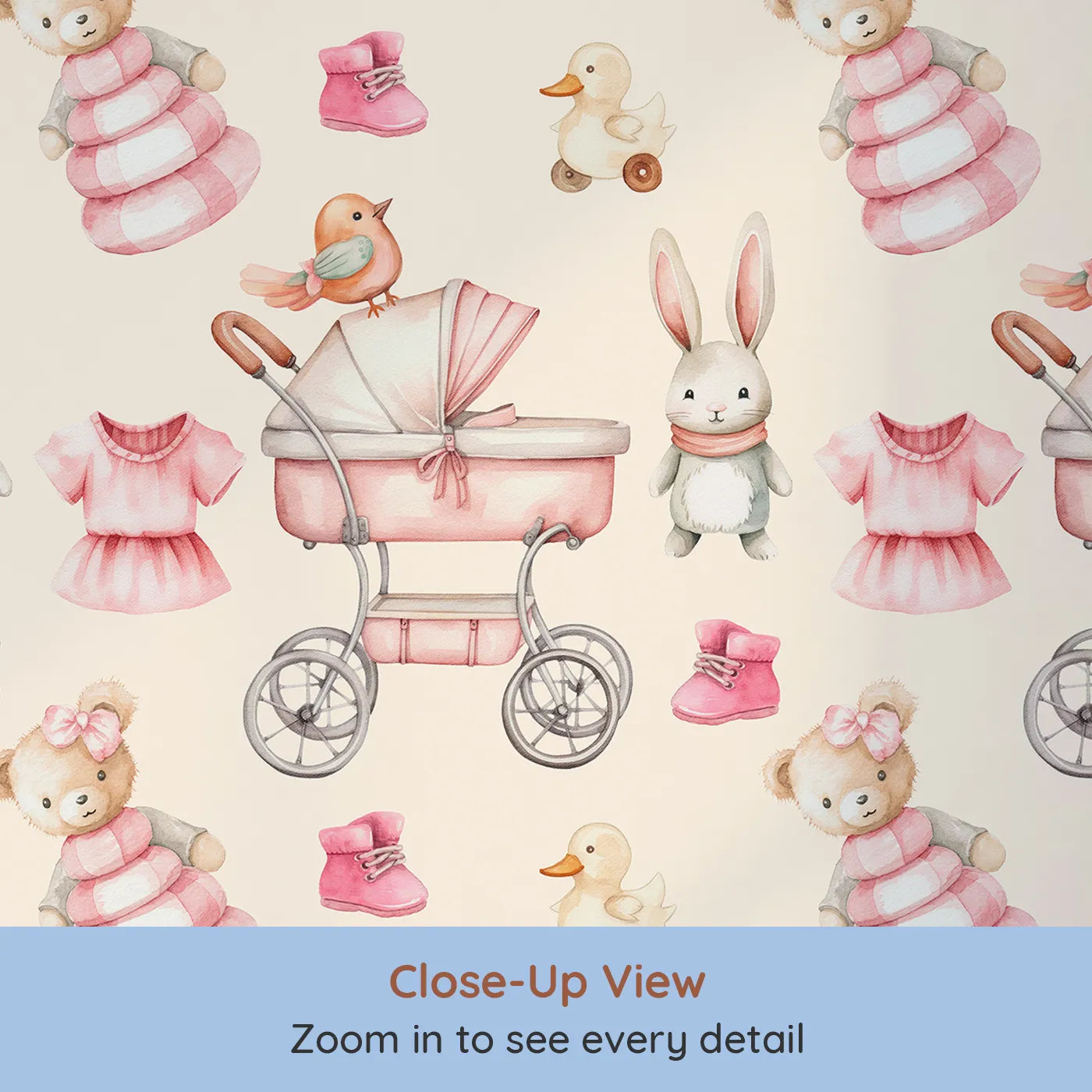 Close-up view of Whimsy Tots' Tiny Tots Toy Parade Wallpaper in Cream (W3217B).Strollers, duckies, and teddy bears fill the walls with vintage toy joy.