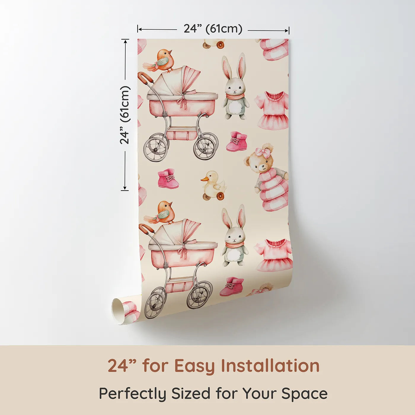 Dimension view of Whimsy Tots Tiny Tots Toy Parade Wallpaper in Cream (W3217B). Printed in 24-inch-wide panel for easy installation. Strollers, duckies, and teddy bears fill the walls with vintage toy joy.