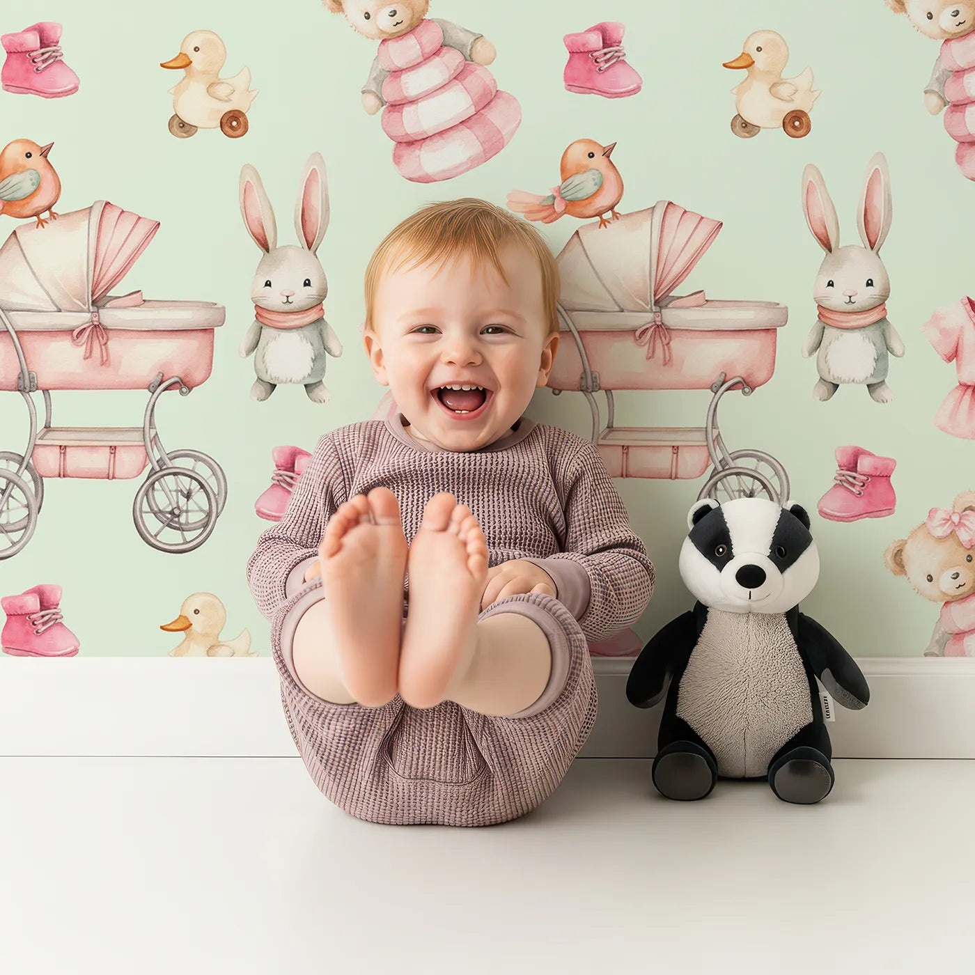 Lovely child standing in front of Whimsy Tots Tiny Tots Toy Parade Wallpaper in Mint Green with rabbit, bird, duck, bear, stroller, boot, toy, dress in design.