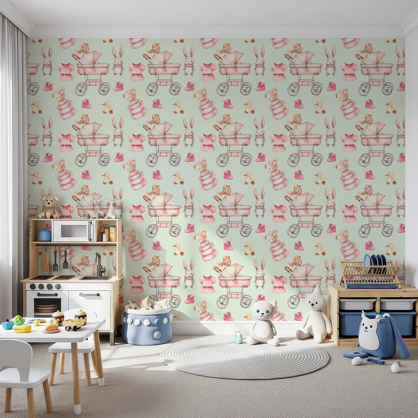 Front view of Whimsy Tots' Tiny Tots Toy Parade Wallpaper in Mint Green