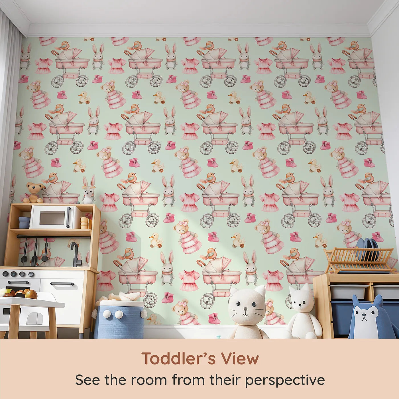 Whimsy Tots Tiny Tots Toy Parade Wallpaper in Mint Green (W3217C) from your child's view.Blush toys and vintage charm float across a soft mint sky.