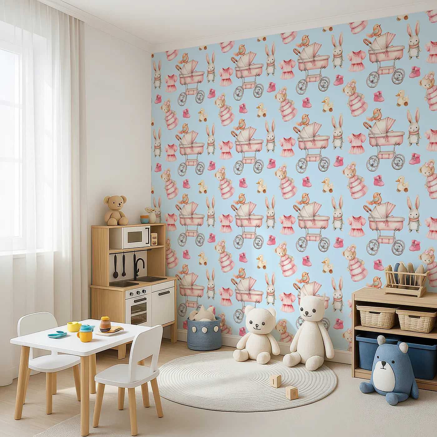 Angled view of Whimsy Tots' Tiny Tots Toy Parade Wallpaper in Sky (W3217D).Vintage toys and pastel charm dance across a soft sky-blue canvas.