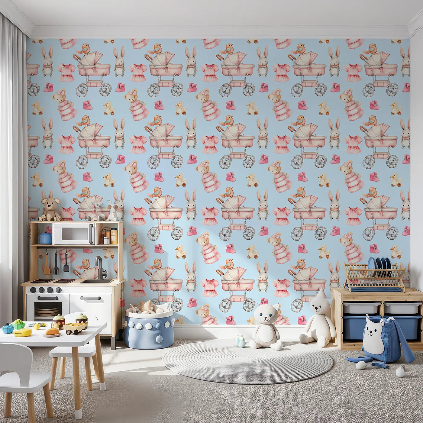 Front view of Whimsy Tots' Tiny Tots Toy Parade Wallpaper in Sky