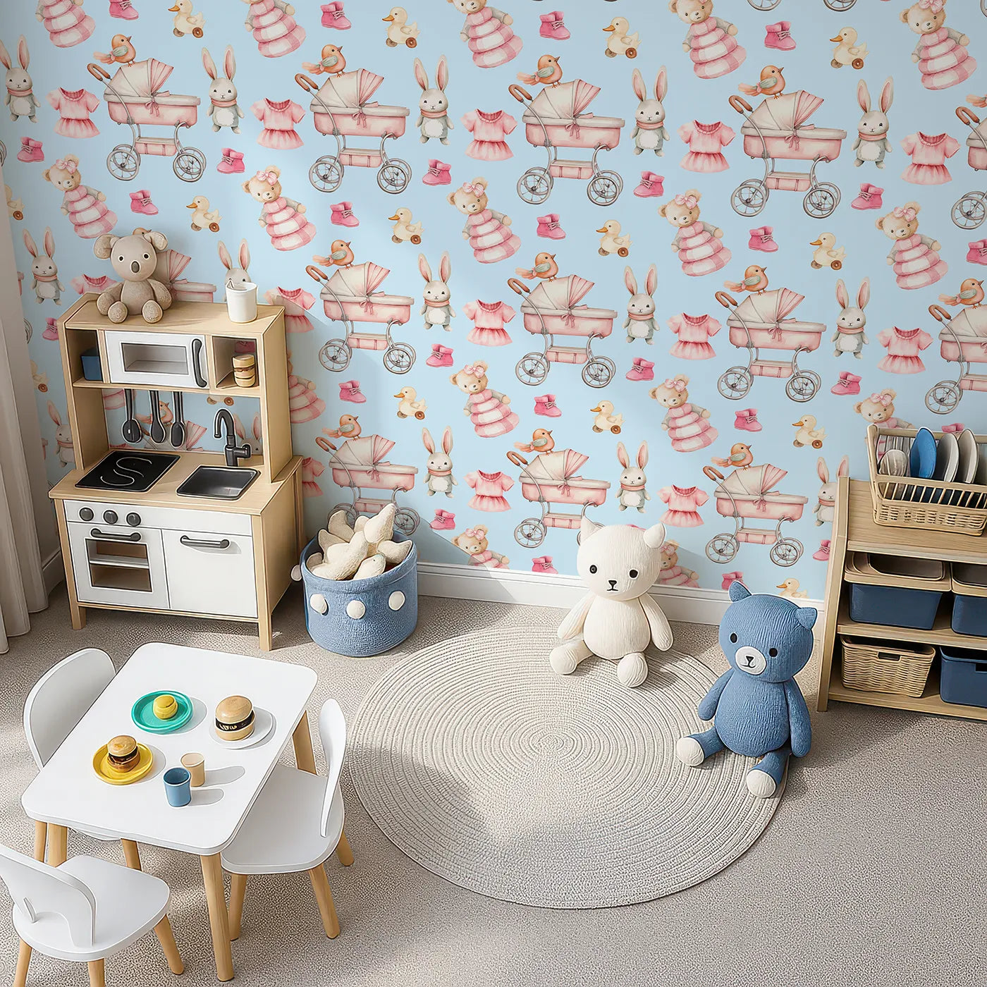 Top-Down view of Whimsy Tots' Tiny Tots Toy Parade Wallpaper in Sky (W3217D).Vintage toys and pastel charm dance across a soft sky-blue canvas.