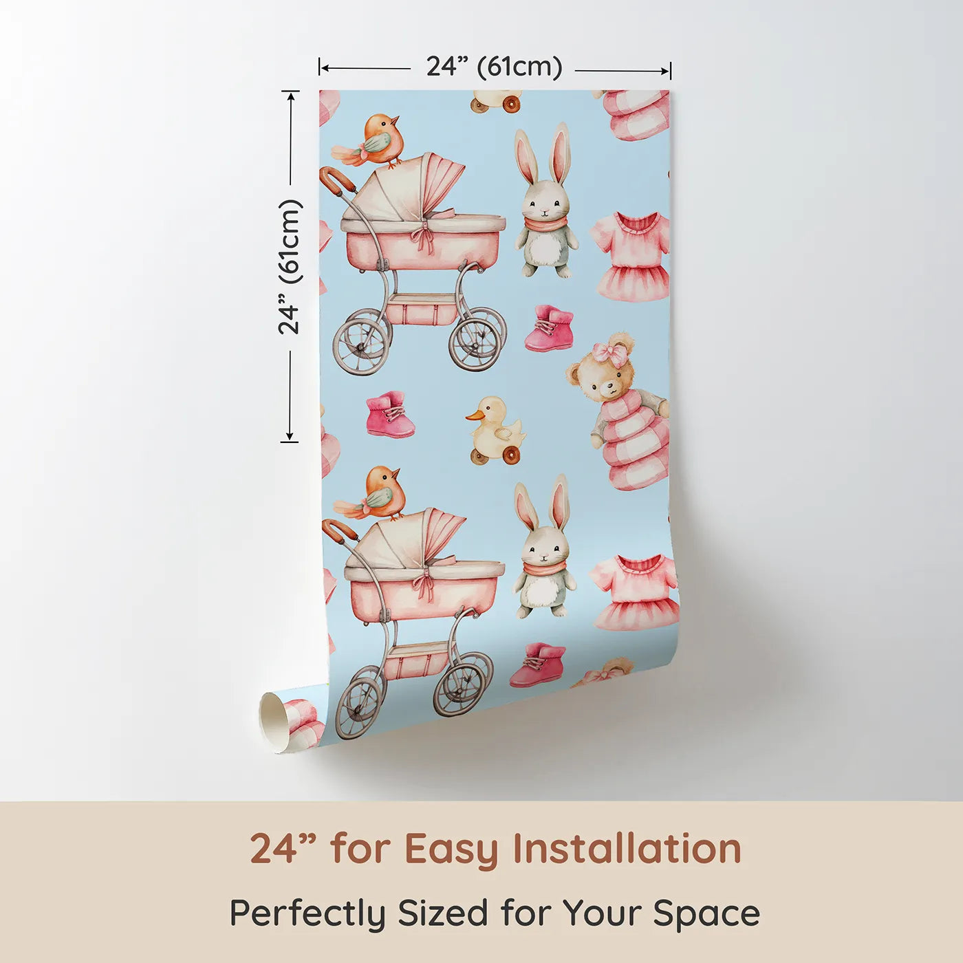 Dimension view of Whimsy Tots Tiny Tots Toy Parade Wallpaper in Sky (W3217D). Printed in 24-inch-wide panel for easy installation. Vintage toys and pastel charm dance across a soft sky-blue canvas.