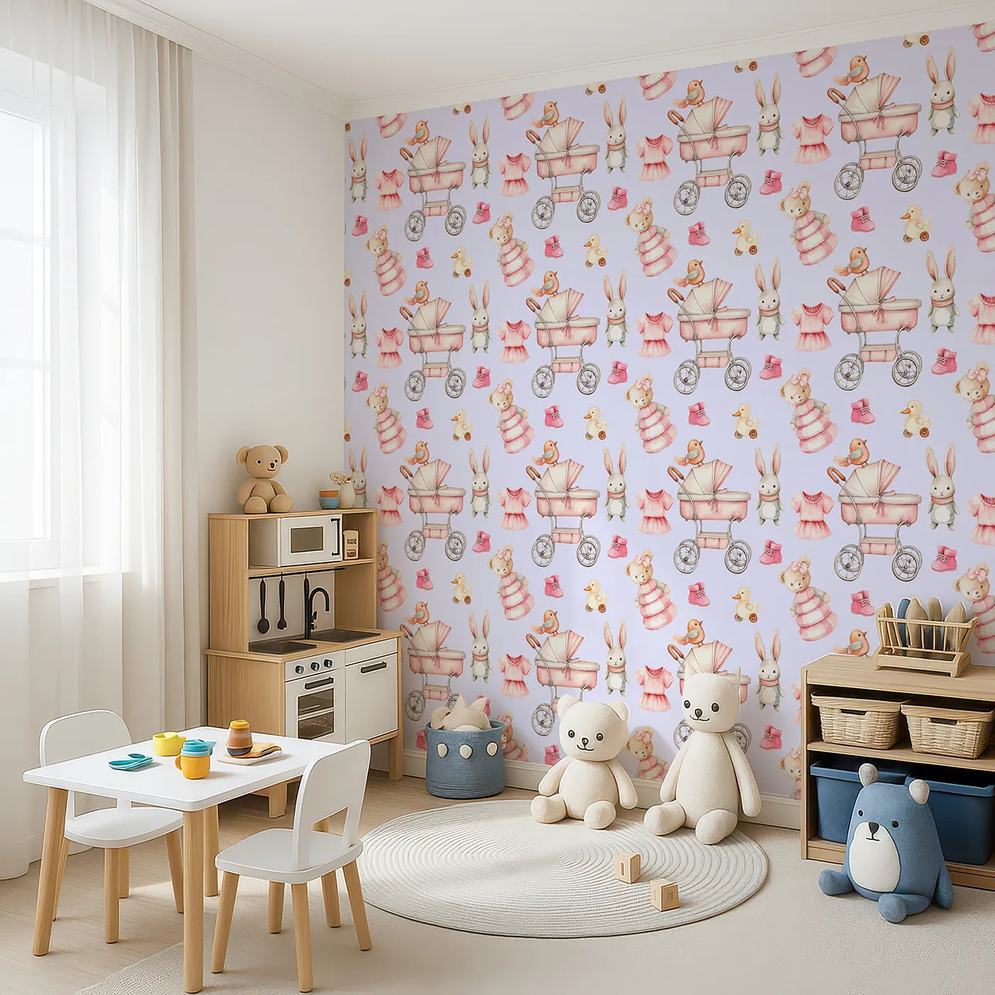 Angled view of Whimsy Tots' Tiny Tots Toy Parade Wallpaper in Lilac Lavender (W3217E).Blush bunnies and vintage bears play across soft lilac skies.