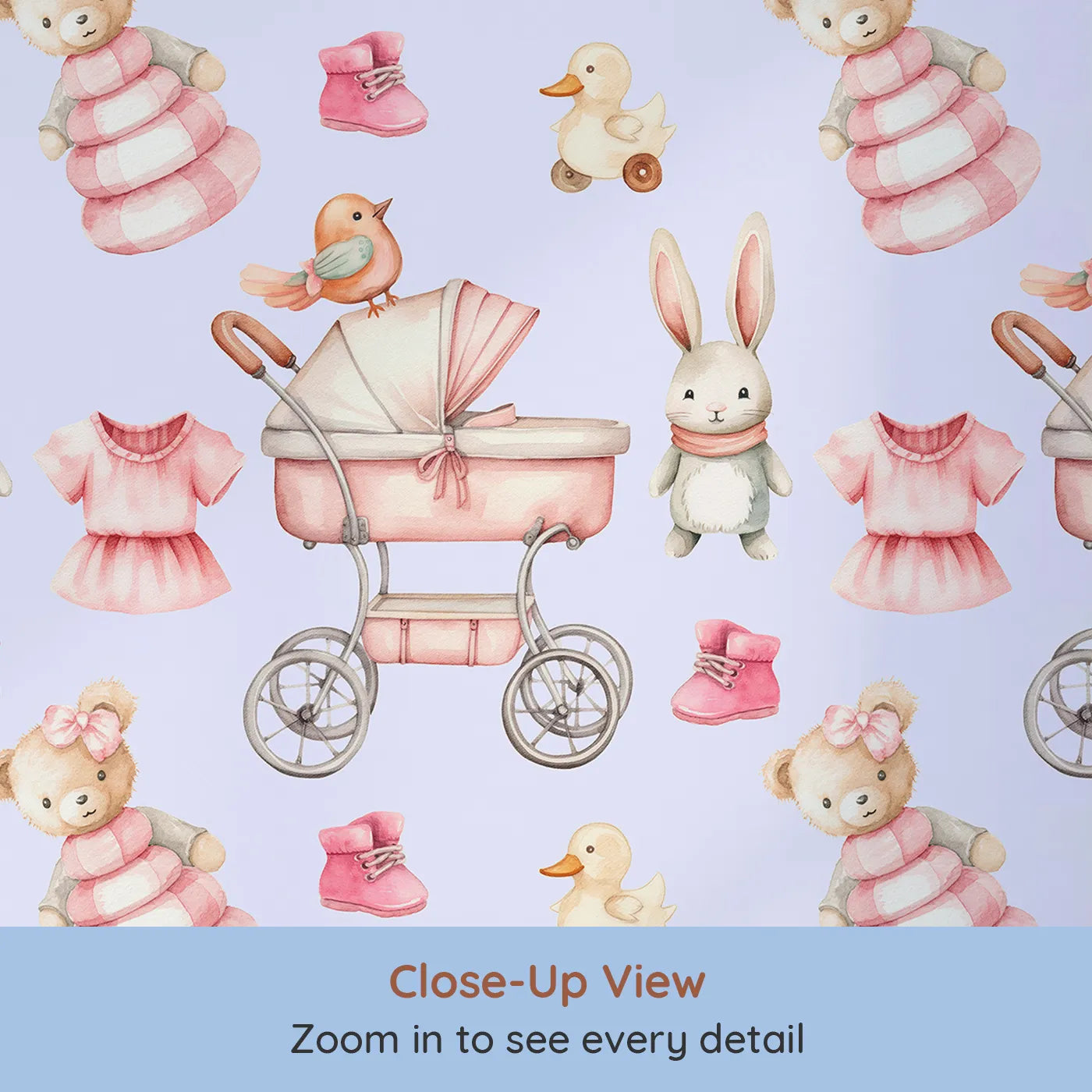 Close-up view of Whimsy Tots' Tiny Tots Toy Parade Wallpaper in Lilac Lavender (W3217E).Blush bunnies and vintage bears play across soft lilac skies.