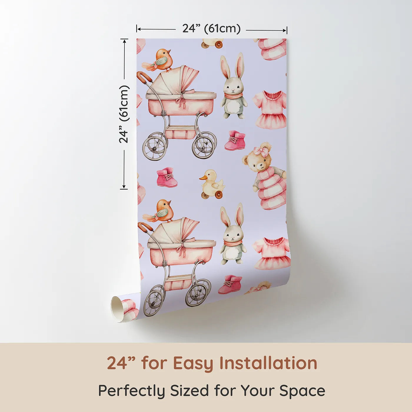 Dimension view of Whimsy Tots Tiny Tots Toy Parade Wallpaper in Lilac Lavender (W3217E). Printed in 24-inch-wide panel for easy installation. Blush bunnies and vintage bears play across soft lilac skies.