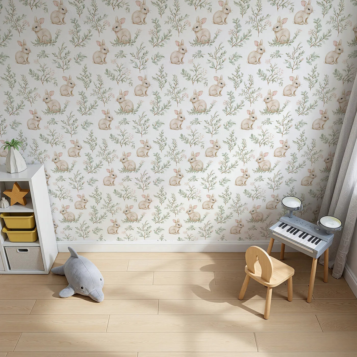 Top-Down view of Whimsy Tots' Bunny Garden Whispers Wallpaper (W3218).Gentle bunnies and leafy sprigs create a tender nature retreat.