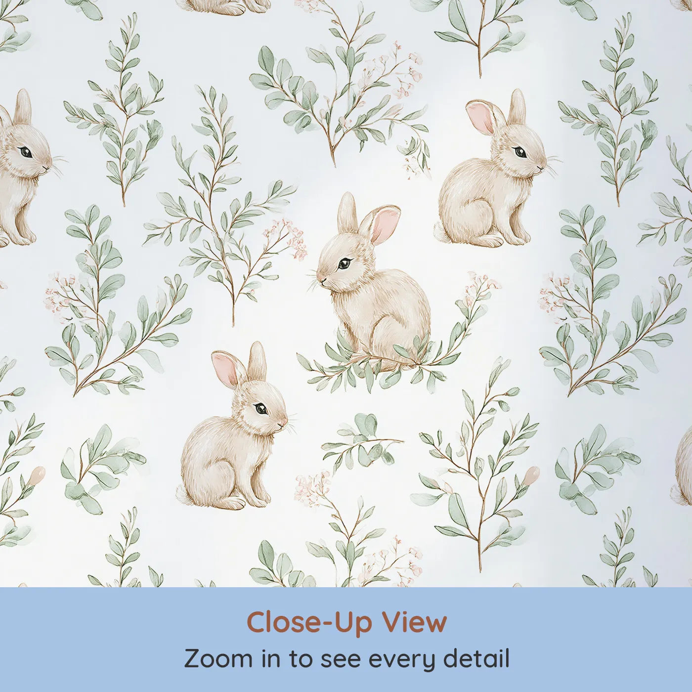Close-up view of Whimsy Tots' Bunny Garden Whispers Wallpaper (W3218).Gentle bunnies and leafy sprigs create a tender nature retreat.