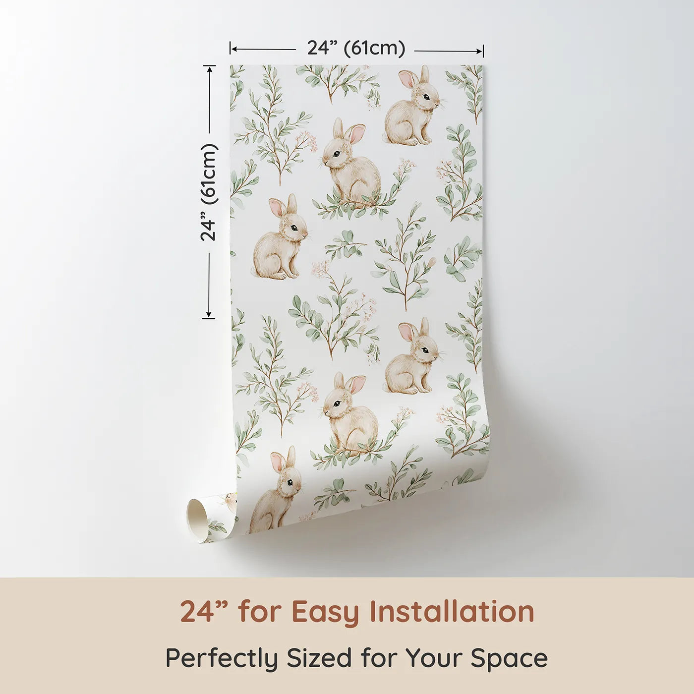 Dimension view of Whimsy Tots Bunny Garden Whispers Wallpaper (W3218). Printed in 24-inch-wide panel for easy installation. Gentle bunnies and leafy sprigs create a tender nature retreat.