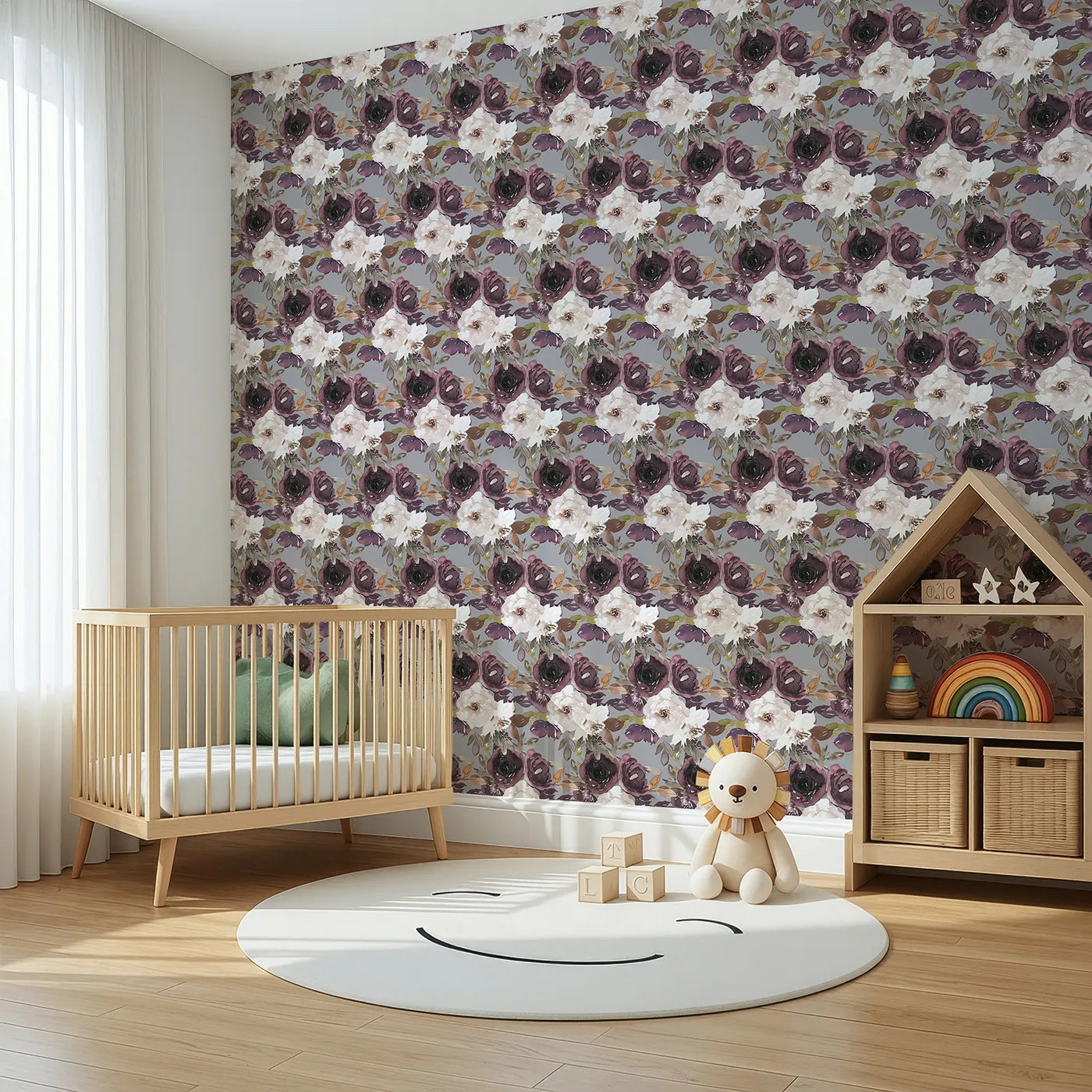 Angled view of Whimsy Tots' Moody Bloom Symphony Wallpaper (W3219).Deep plum petals and inky leaves create a symphony of blooming contrast.