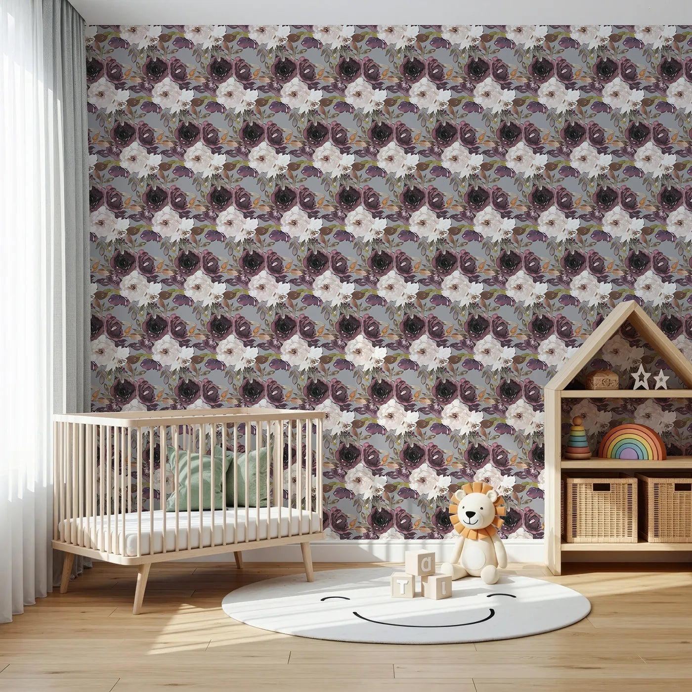 Front view of Whimsy Tots' Moody Bloom Symphony Wallpaper