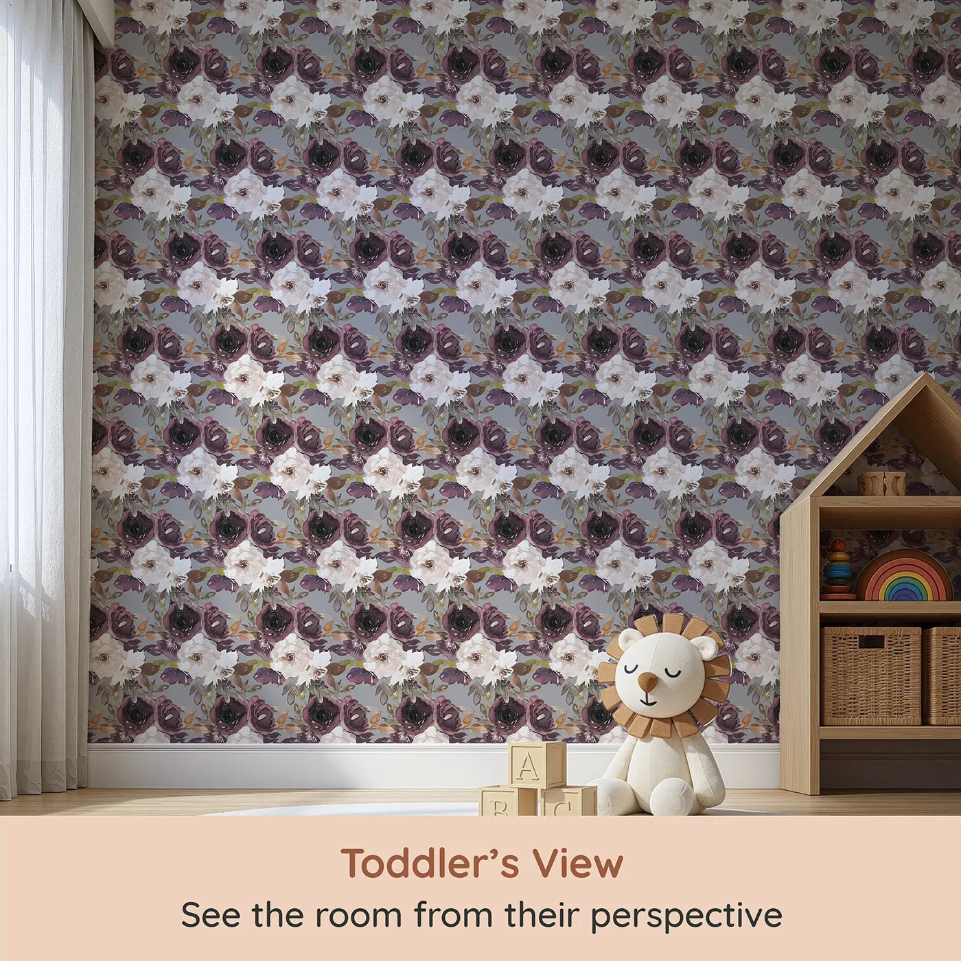 Whimsy Tots Moody Bloom Symphony Wallpaper (W3219) from your child's view.Deep plum petals and inky leaves create a symphony of blooming contrast.