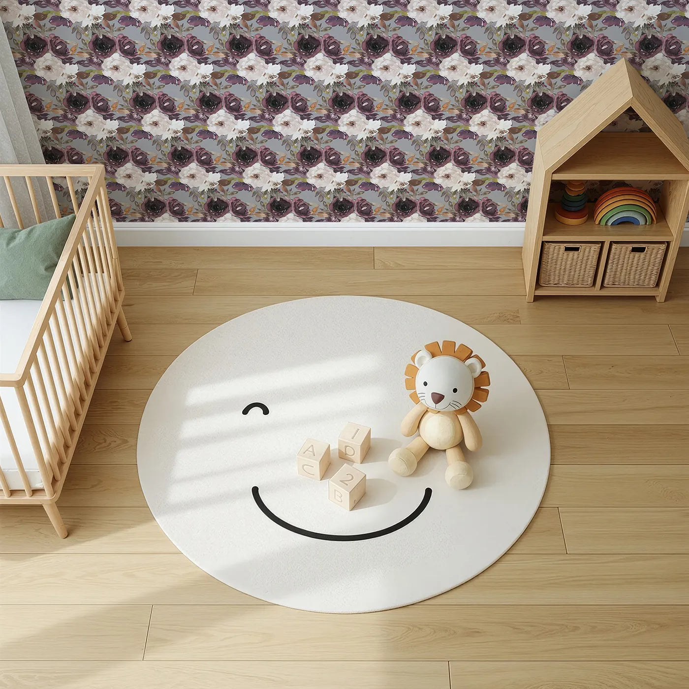 Top-Down view of Whimsy Tots' Moody Bloom Symphony Wallpaper (W3219).Deep plum petals and inky leaves create a symphony of blooming contrast.