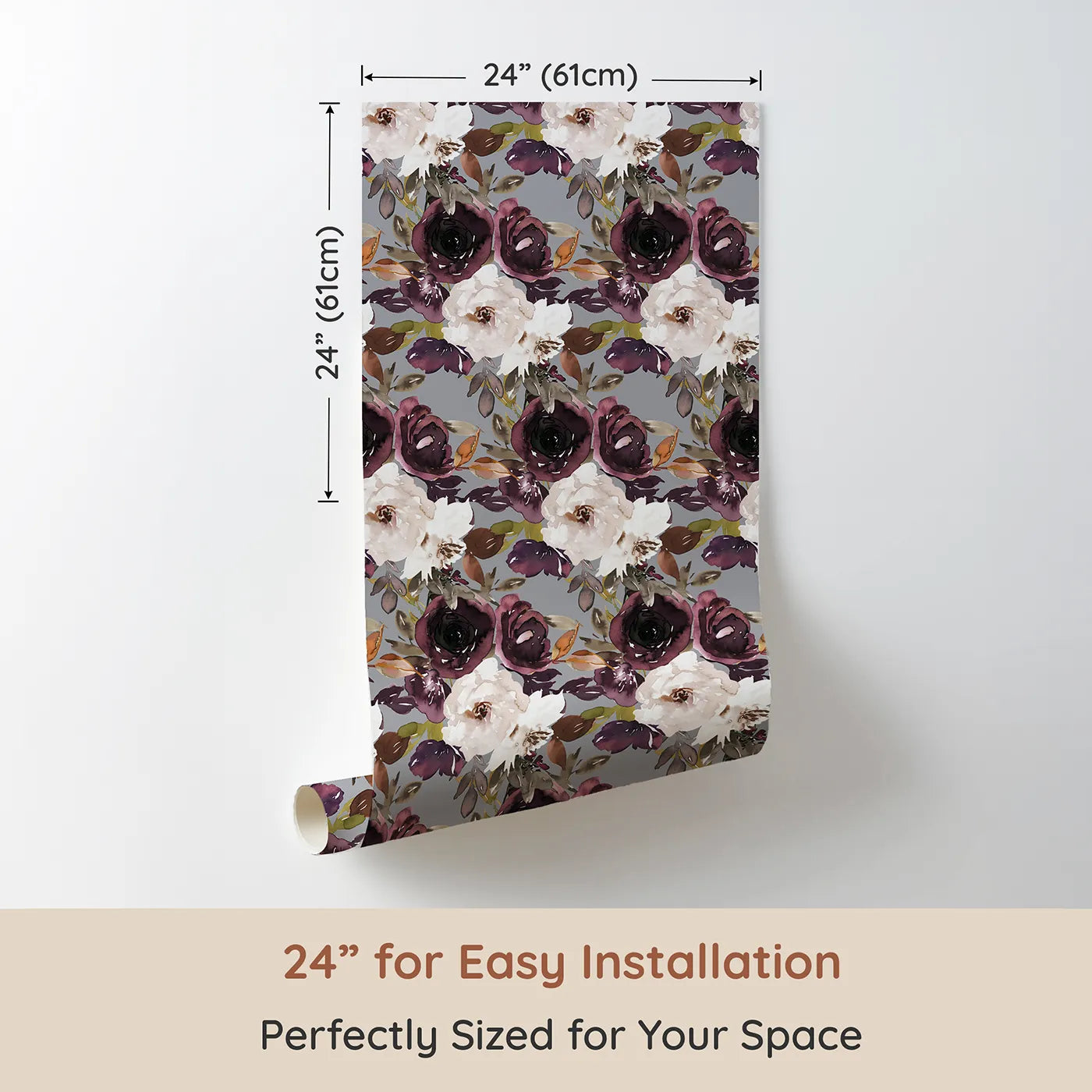 Dimension view of Whimsy Tots Moody Bloom Symphony Wallpaper (W3219). Printed in 24-inch-wide panel for easy installation. Deep plum petals and inky leaves create a symphony of blooming contrast.