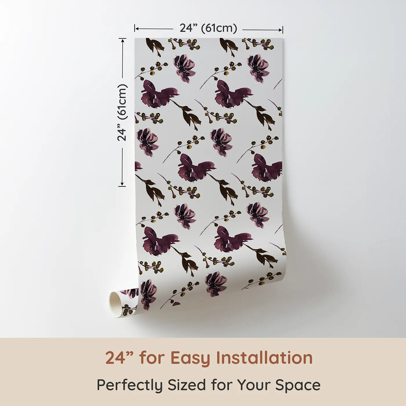 Dimension view of Whimsy Tots Shadow Garden Bloom Wallpaper (W3220). Printed in 24-inch-wide panel for easy installation. Inky florals and wild sprigs create a striking floral dance.