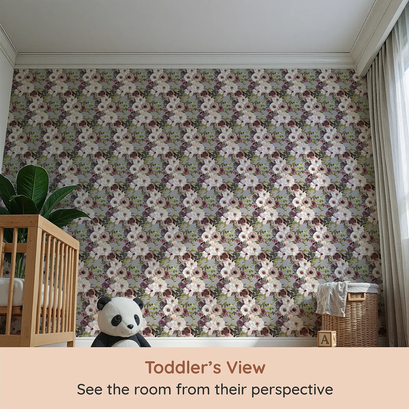 Whimsy Tots Autumn Heirloom Roses Wallpaper (W3221) from your child's view.Creamy roses and earthy leaves bloom over a soft Gray sky.